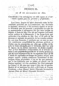 1820-09-28 Decreto XL, concediendo a los extrageros un asilo seguro en el territorio español para sus personas y propiedades