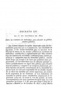 1820-10-21 Decreto LIV,  Sobre las reuniones de individuos para discutir en público asuntos políticos_Página_1