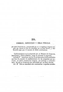 1847-04-15 Real Decreto, preceptuando que no se constituya ninguna compañía por acciones sin que sea autorizada por un Real decreto_Página_1