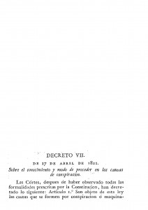 1821-04-17 Decreto VII, Sobre el conocimiento y modo de proceder en las causas de conspiración_Página_1
