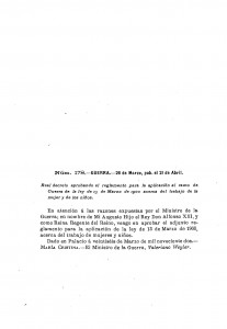 1902-03-06 Real Decreto, aprobando el reglamento para la aplicación al ramo de Guerra de la ley de 30 de enero de 1900, acerca del trabajo de la mujer y de los niños_Página_1