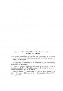 1912-02-29 Real Decreto,  aprobando el Reglamento provisional para la aplicación de la ley de 27 de Diciembre de 1910, fijando la jornada máxima de traba_Página_1